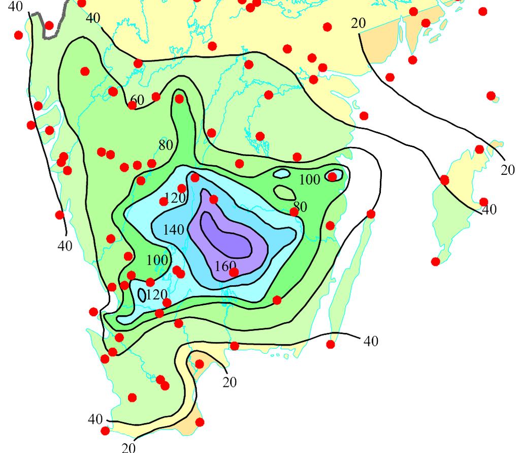 Figur 4: Kartan illustrerar dagligrapporterande mätstationer i Götaland. Blå trianglar är dagligrapporterande vattenföringsstationer och röda punkter dagligrapporterande nederbördsstationer.