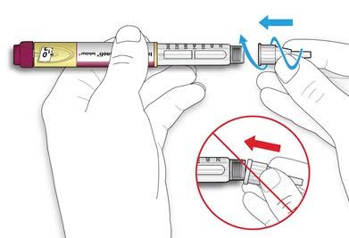 B Håll nålen rakt och skruva fast den på injektionspennan tills den sitter.