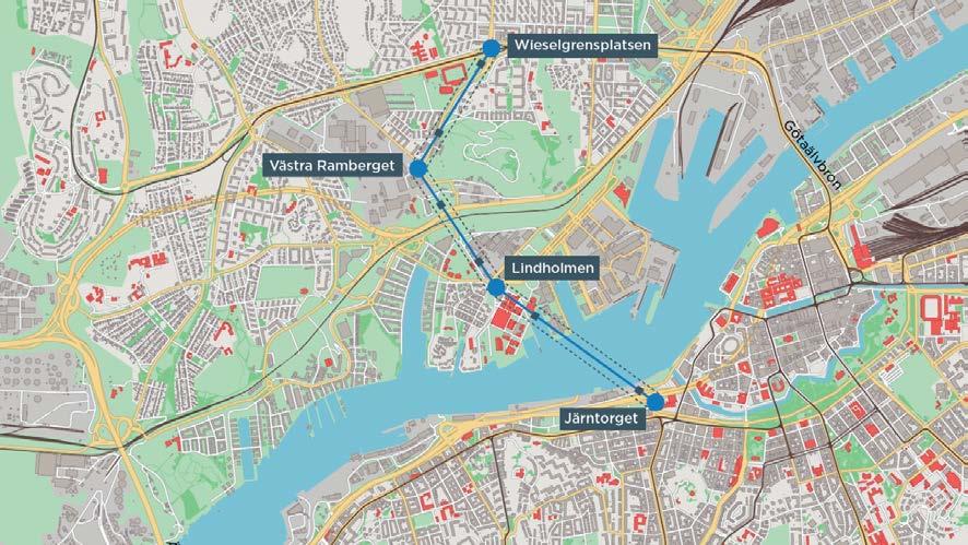 Linbana Centrum: Wieselgrensplatsen Västra Ramberget Lindholmen Järntorget Illustration: Trafikkontoret Göteborgs Stad Typ av anläggning: 3-kablig stadslinbana, helt integrerad i