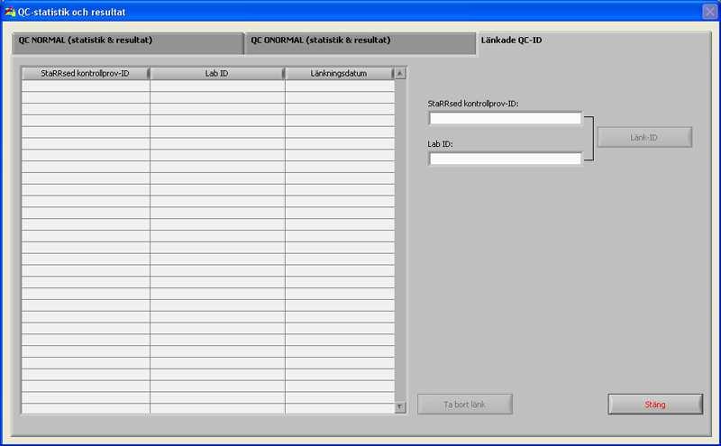 Starrsed RS programvara 5.3.5.8. Länkade QC-ID Använd denna skärm för att länka StaRRsed kontrollprov-id med ett Lab-ID eller att kontrollera vilka länkar som är aktiva. 1.