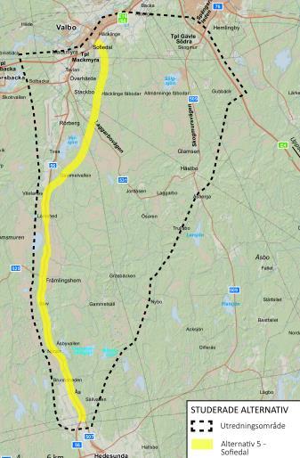 Alternativ 5, Sofiedal Följer befintlig väg till Valsjön. Sedan går Alternativ 5 i nordnordöstlig riktning från Valsjöns östra kant, mellan Lomsmur och Tvea.