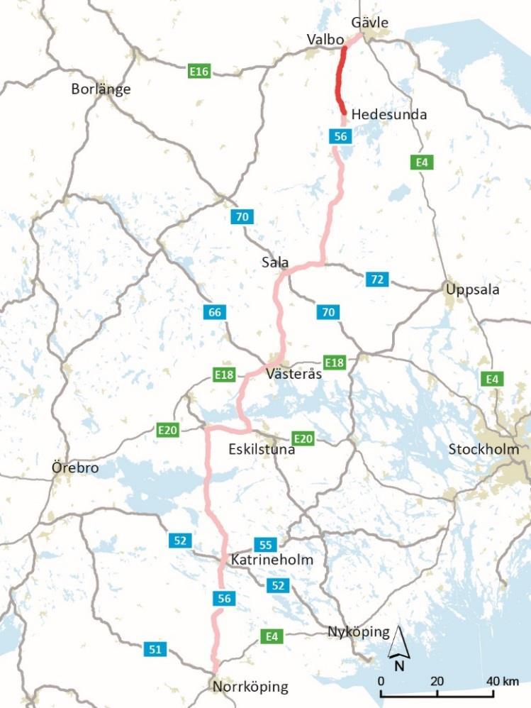 Bakgrund Väg 56 Räta linjen, sträcker sig mellan Norrköping och Gävle och är av regeringen utsedd till nationell stamväg.