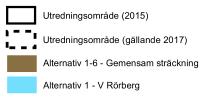 2014-2015: samrådshandling för val av lokaliseringsalternativ Trafikverket beslutade 2016 att: Alternativ 1,2,3,4 och 6 utgår från