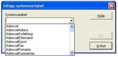 1.1 Lägga in systemvariabler Mallen består av den text som ska finnas i mallen och av systemvariabler/bokmärken. Systemvariabler är uppgifter som hämtas från databasen i Lex.