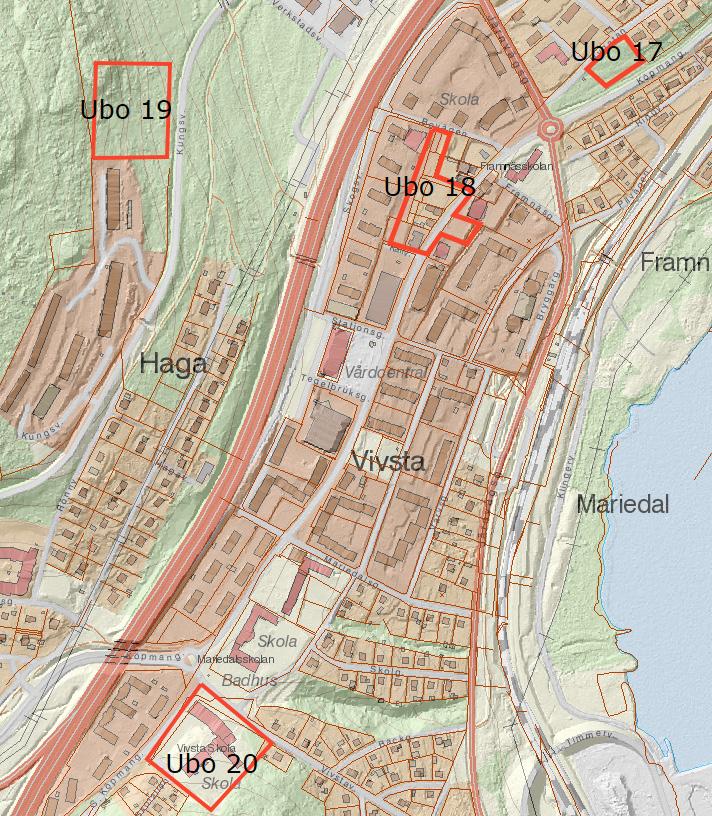 Områden i centrala Timrå. Ubo 20: Badhuset och gamla Vivsta skola. Skolan är nedlagd och rivning planeras.
