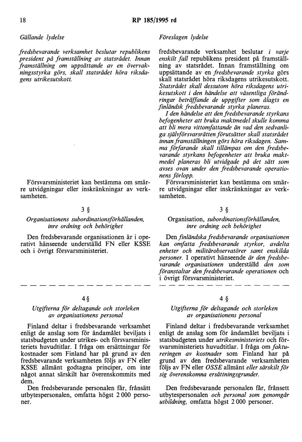 18 RP 185/1995 rd Gällande lydelse fredsbevarande verksamhet beslutar republikens president på framställning av statsrådet.