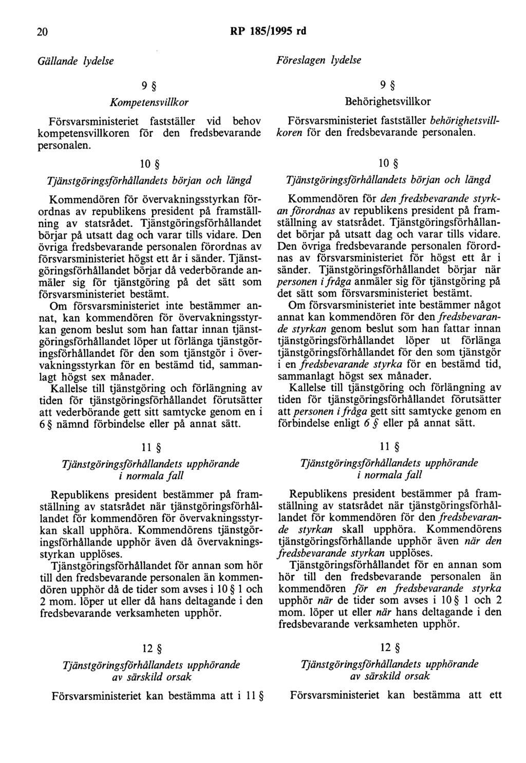 20 RP 185/1995 rd Gällande lydelse 9 Kompetensvillkor Försvarsministeriet fastställer vid behov kompetensvillkoren för den fredsbevarande personalen.