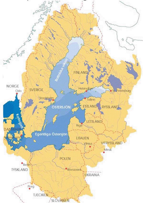 Fig.1. Östersjön med det område som kallas Egentliga Östersjön utsatt på kartan (Stockholms marina forskningscentrum, 2003a). Det är i det området som problemen med syredöda bottnar är som störst.
