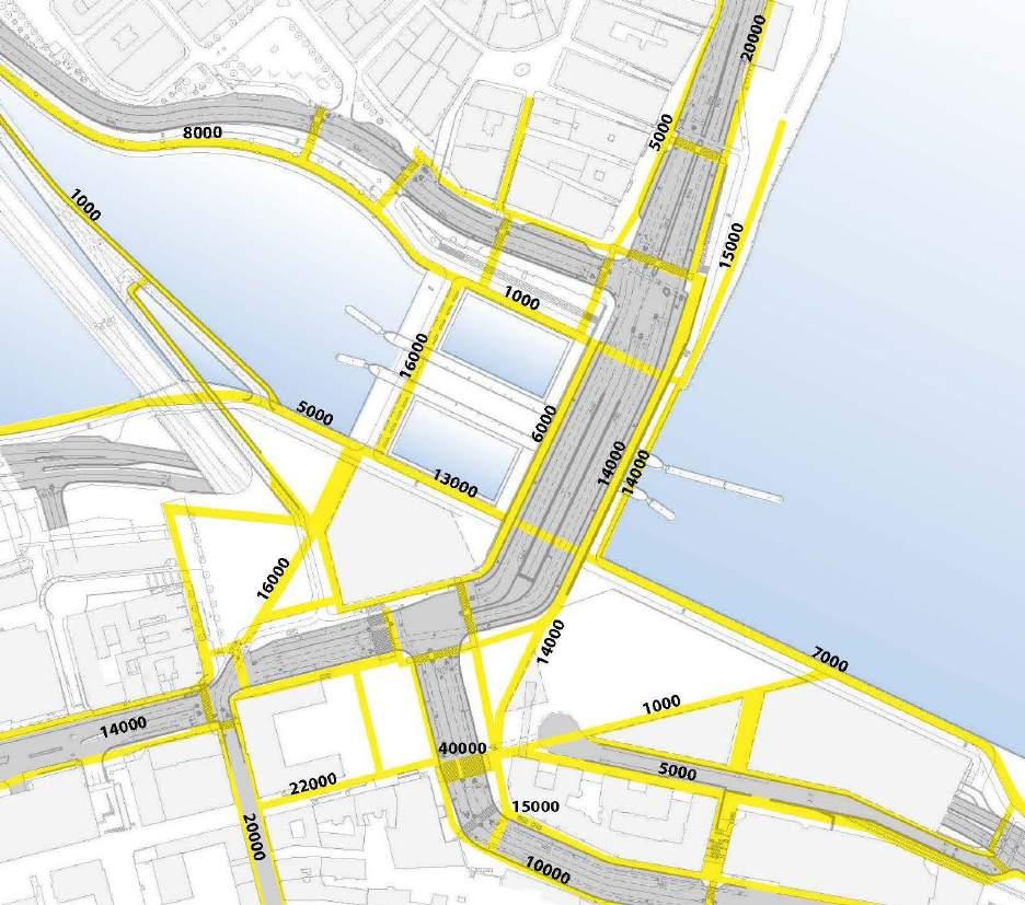 Gångnät i Slussen och gångflöden dygnprognos 2030.