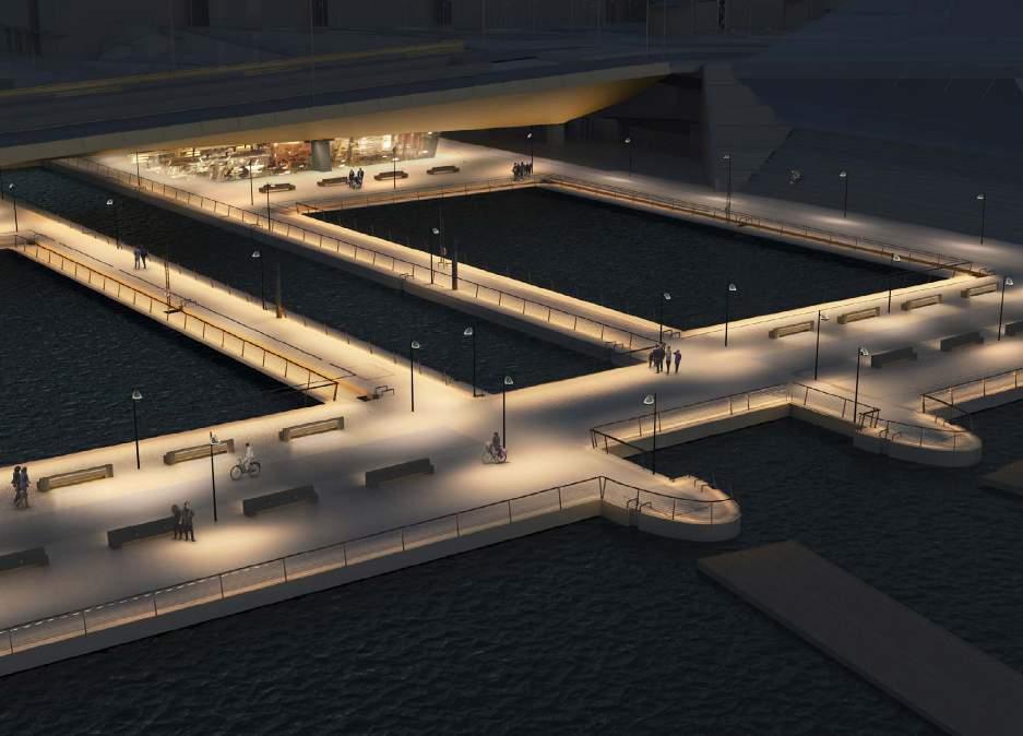 Belysning på Slusstorget, vy mot öster med stolparmaturer och räckesbelysning. i räcken och handledare. Den lågt placerade belysningen främjar den fria sikten ut över vattnet.