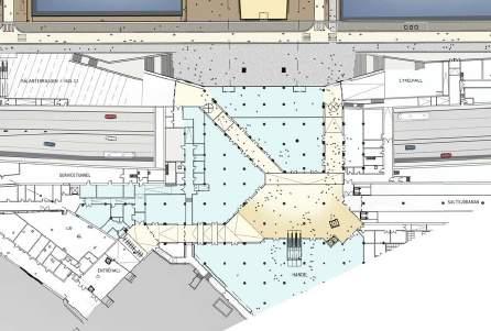 Lokaler under mark 2 1 2 1 Orienteringsplan. Atrium (1) och Saltsjöbanan (2). Kajplan.