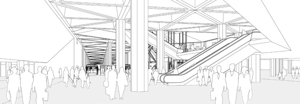 Atrium. Saltsjöbanans station i fonden, huvudentrén till vänster och kopplingen till mellan- och torgplan till höger.