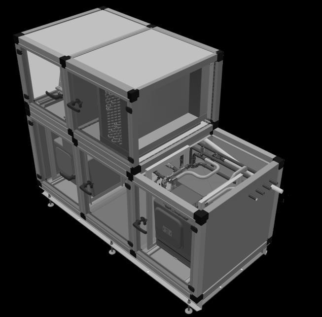 6. Montera batteridelen i mitten enligt bild. OBS! Köldbärarrör mellan batteri och värmepumpsdel måste skruvas alternativt klämmas ihop av en auktoriserad VVS-montör/rörläggare.