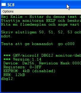 OBSERVERA ATT DU FÖR TILLFÄLLET SIMULERAR dbg12. Vissa kommandon, exempelvis trace, fungerar inte fullständigt. Du kan dock undersöka program och minnesinnehåll med övriga kommandon.