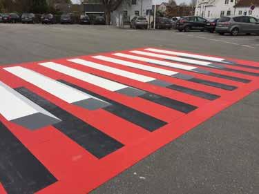 3D Crossings in PREMARK preformed thermoplastic road marking 3D crossings uses the same principles as seen in anamorphic illusions.