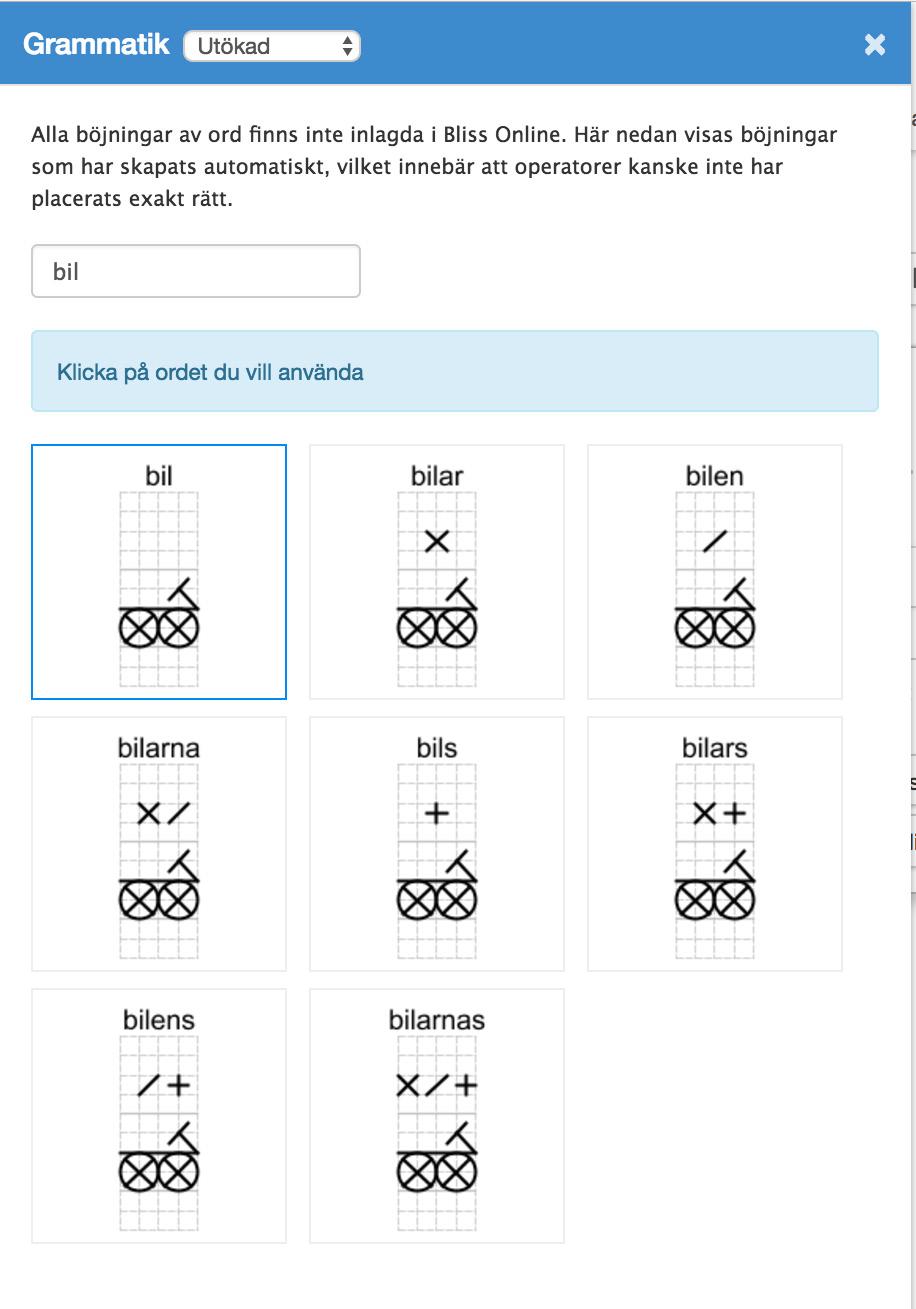 Bliss Online Grammar tool kit Utökad grammatik Blissymbolics car cars (pl.) cars (gen.) cars (pl. gen.