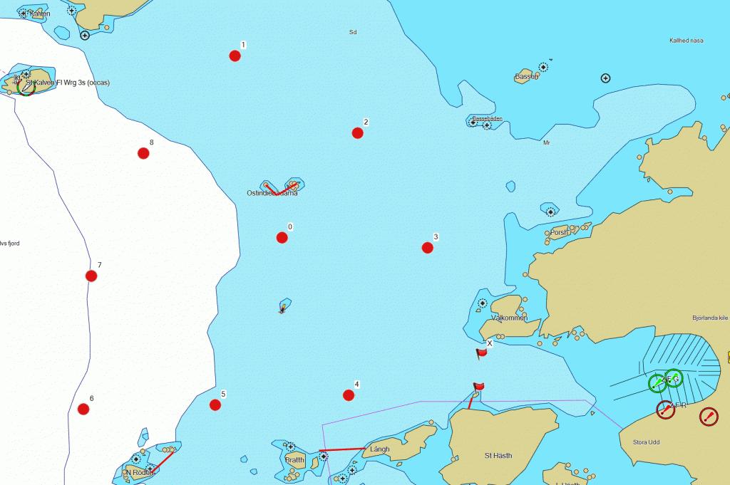 Ben från startlinjen Längd (nm) Kurs Kontrakurs Startlinjen till Boj 0 0,89 304 124 Startlinjen till Boj 1 1,49 322 142 Startlinjen till Boj 2 1 333 153 Startlinjen till Boj 3 0,5 337 157 Startlinjen