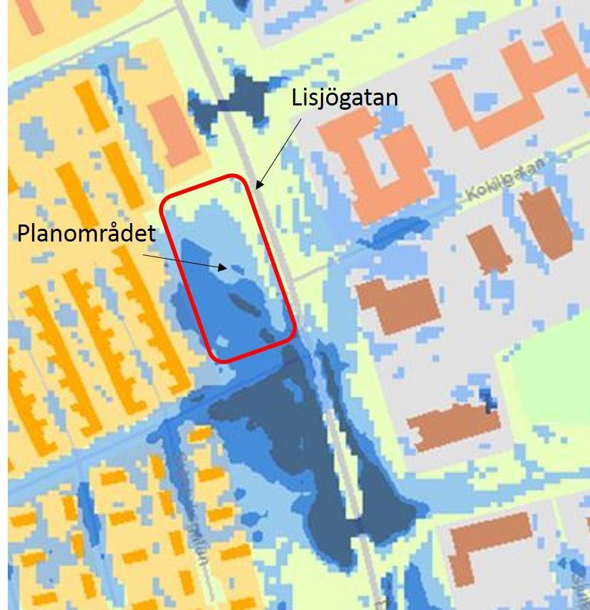 Figur 4: Områden med stående vatten vid 100-årsregn enligt DHI:s simulering. En mörkare blå färg representerar större vattendjup.