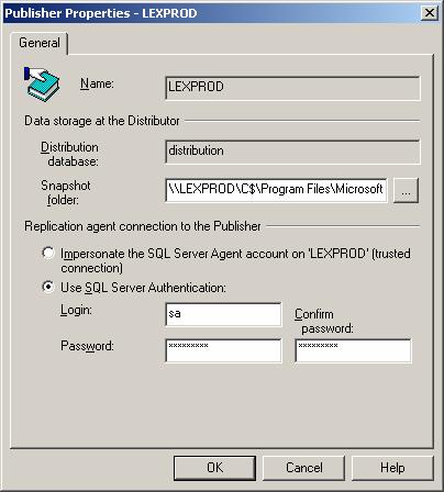 Markera Use SQL Server Authentication Sätt sa som Login och ange rätt lösenord för sa i LEXPROD Välj fliken Subscribers Markera LEXEXT