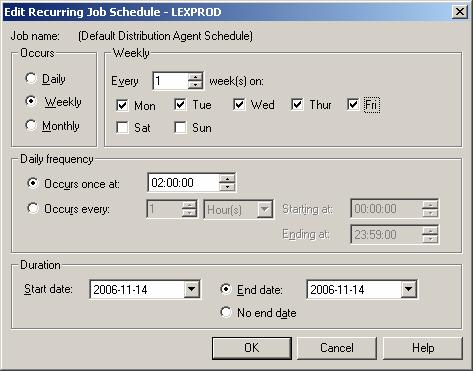 Välj fliken Schedules Markera At the following scheduled times under Distribution Agents Tryck på Change