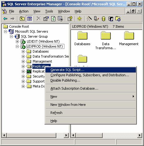 2 Generera SQL-script från den existerande replikeringskonfigurationen på LEXPROD.AES för att inaktivera konfigurationen för replikering Öppna SQL Server Enterprise Manager (EM).
