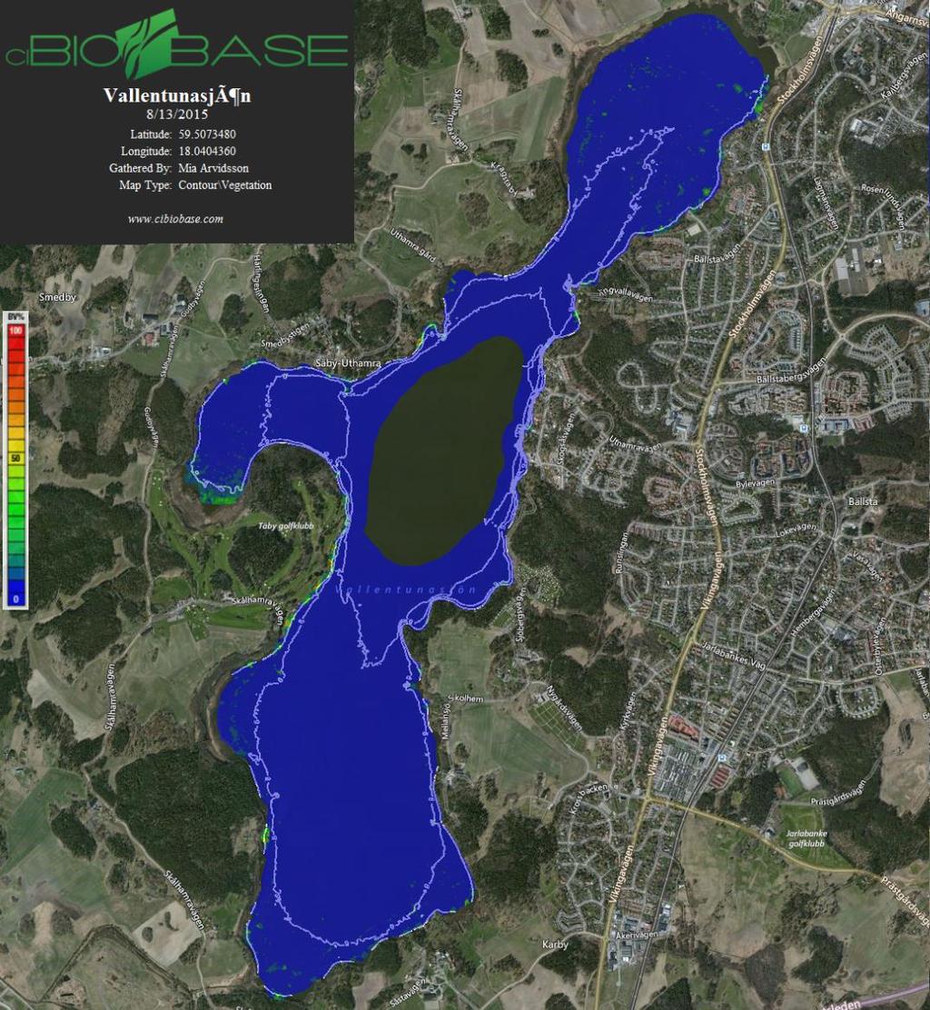 Karteringen visar att vattenvegetationens utbredning och biovolym var störst i vattenområdet längs den norra stranden i Kyrkviken (heltäckande vegetation mellan spår och strandlinje längs den norra