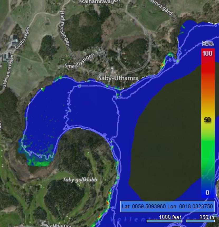 Figur 17. Kartan visar undervattensvegetationens utbredning och biovolym (%) i Vallentunasjöns västra vik. Kartan har framställts via cibiobase (rött=100%, gult=50%, blått=0%, ingen vegetation).