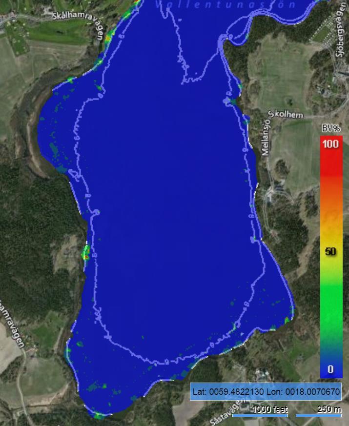 Figur 18. Kartan visar undervattensvegetationens utbredning och biovolym (%) i Vallentunasjöns södra del.