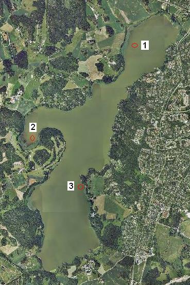 Bilaga 9. Vattenvegetation - inventering Täckningsgrad av makrofyter undersöktes vid rödmarkerade områden. Område 1: Vallentuna norra, område 2: Vallentuna västra och område 3: Vallentuna östra.