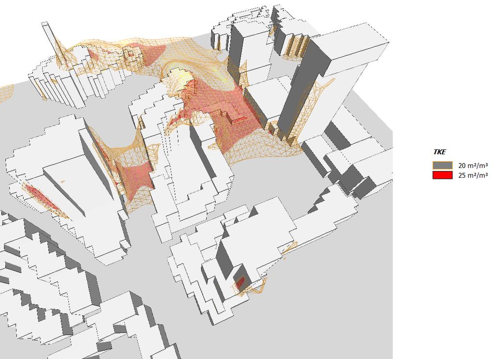 Figur 4. Simulering av turbulens efter byggnation av planerade byggnare (källa: CEC Design AB). Identifiering och justering av problempunkter i en övergripande skala har genomförts.