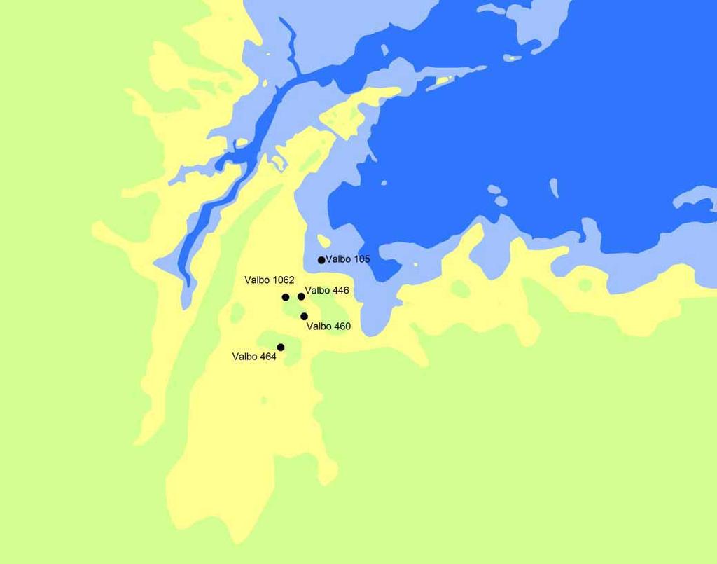 Figur 3. Skärgårdsbild, grön är nivån 50 meter över havet, gul är nivån 45 meter över havet och ljusblå är nivån 40 meter över havet.