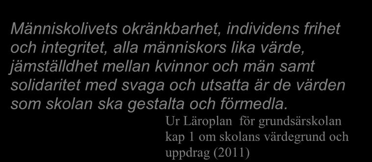 Människlivets kränkbarhet, individens frihet ch integritet, alla människrs lika värde, jämställdhet mellan kvinnr ch män samt slidaritet med svaga ch utsatta är de värden sm sklan ska gestalta ch