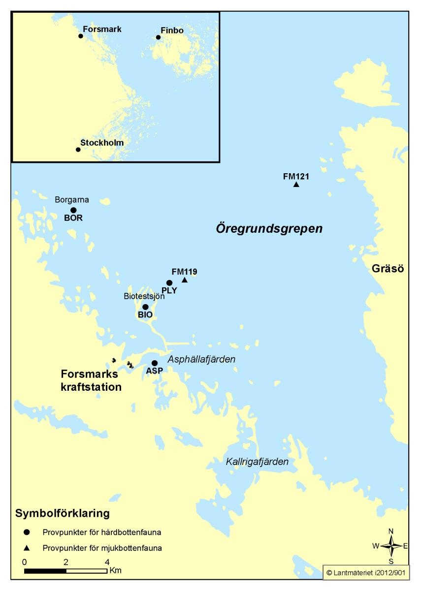 Figur 1. Översikt av Forsmarksområdet med provtagningspunkter för undersökningar av mjukbottenfauna (FM 119 och FM 121) och hårdbottenfauna (BOR, PLY, ASP och BIO).