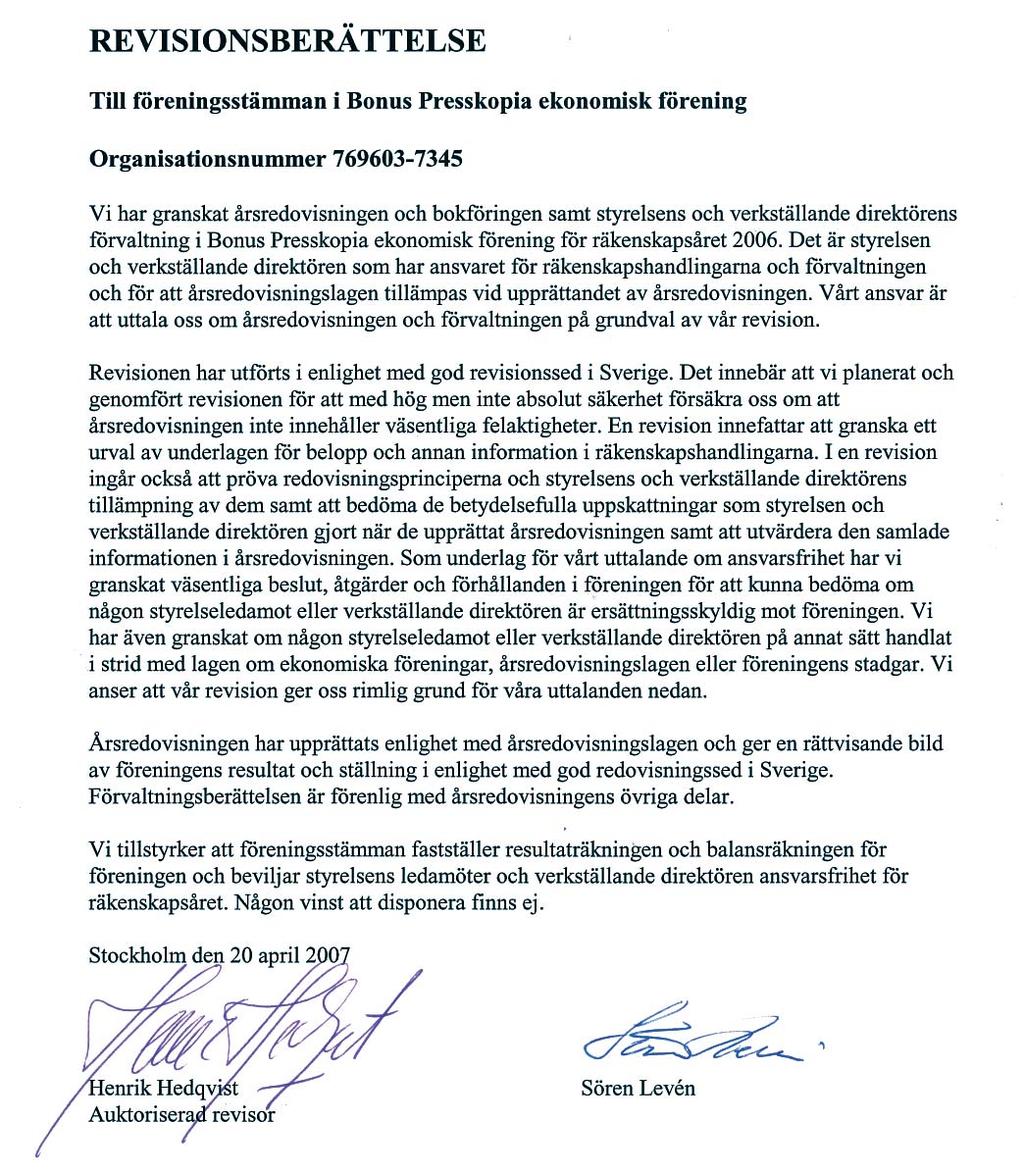 Revisionsberättelse Årsredovisning 2006, Bonus