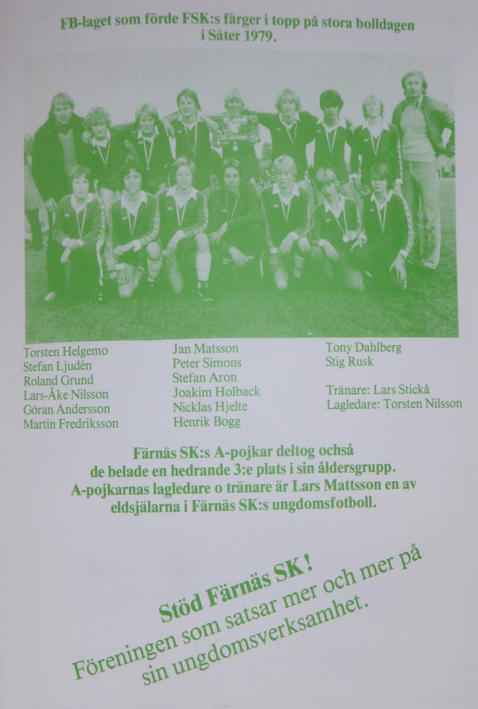 Färnäs Sportklubb Sektionsmöte Fotboll 1980-12-27 1. Valdes: Hans Trogen till ordf. för 1 år. Valdes: Nils Stikå till v. ordf. för 1 år. Valdes Lennart Elin till sekr. för 1 år. Valdes Gunnel Nilsson till kassör för 1 år.