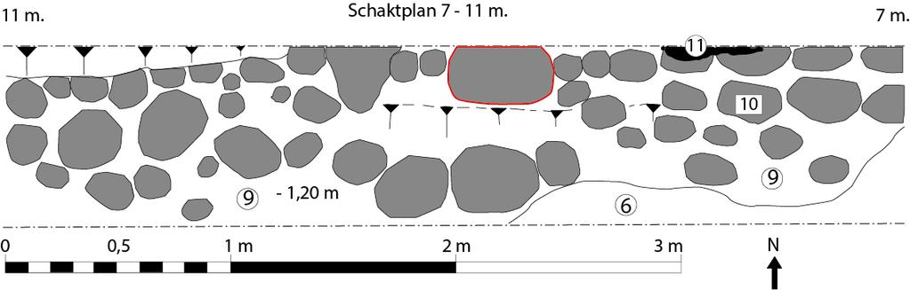 Ritning 2, schaktplan 7 11 m 6 Utfyllnadslager bestående av påfört, grått, finkornigt kulturlager, med inslag av träkol, lerfläckar, tegelkross. Osorterat, fuktigt och relativt kompakt.