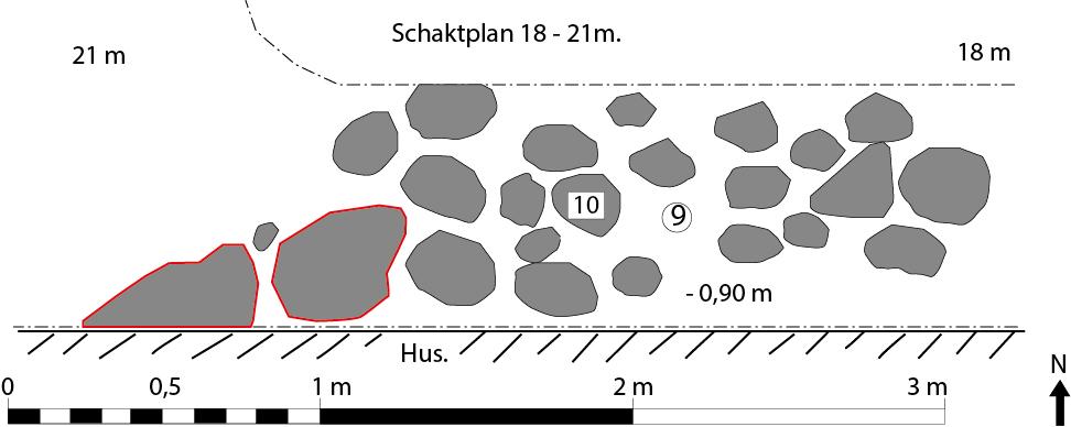 Ritning 3, schaktplan, 18 21 m 9. Bärlager bestående av gul finkornig lera med inslag av sand, tegelkross, kalkbruk och träkol. Lagret är kompakt, fuktigt, fett och välsorterat.