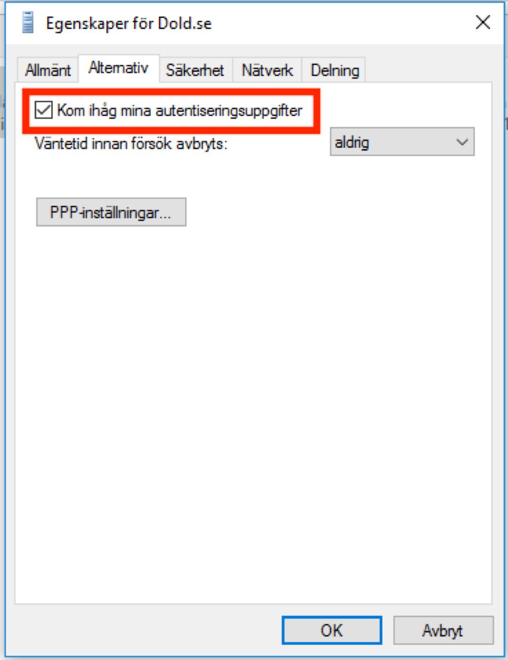 Steg E: Under fliken Alternativ, kontrollera att Kom