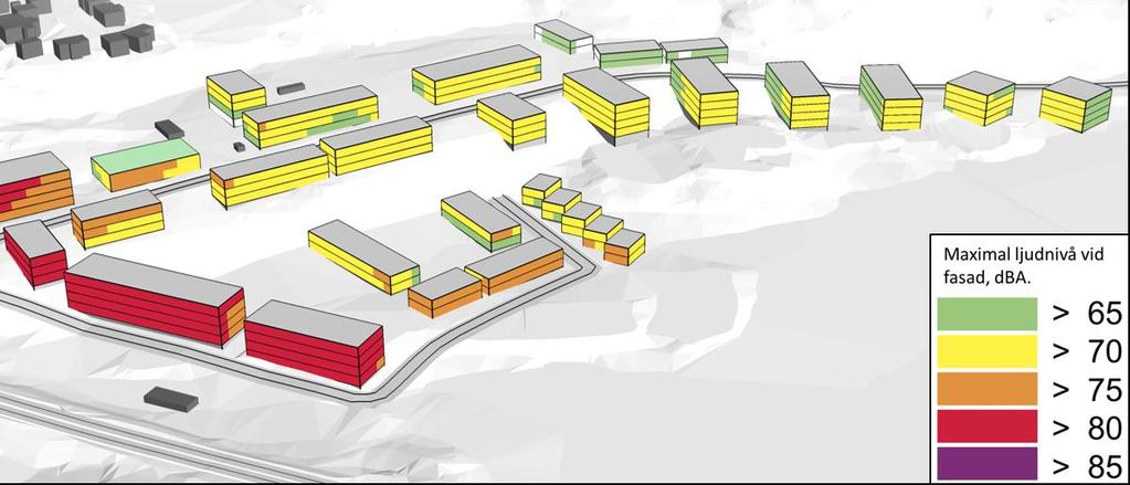 5.2.3 Maximal ljudnivå från spårtrafik vid fasad Maximala ljudnivåerna vid fasad samt