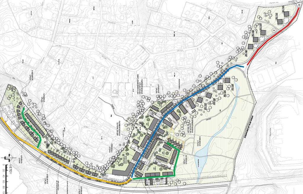 Figur 2a: De olika lokala gatorna i Österhagen markerade i figuren enligt tabell 2. Spårtrafik Följande trafikprognos för Nynäsbanan gäller för år 2040 och är erhållen från Trafikverket.