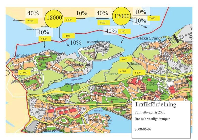 Figur 4 Trafikfördelning 2030 Utan År 2015 År 2010 År 2030 på väg 222 Kvarnholmsvägen 19 400 21 800 25 800 vid Henriksdal Bro över Svindersviken 2 600 3 200 4 200 Tabell 1 Trafikmängder utan en på