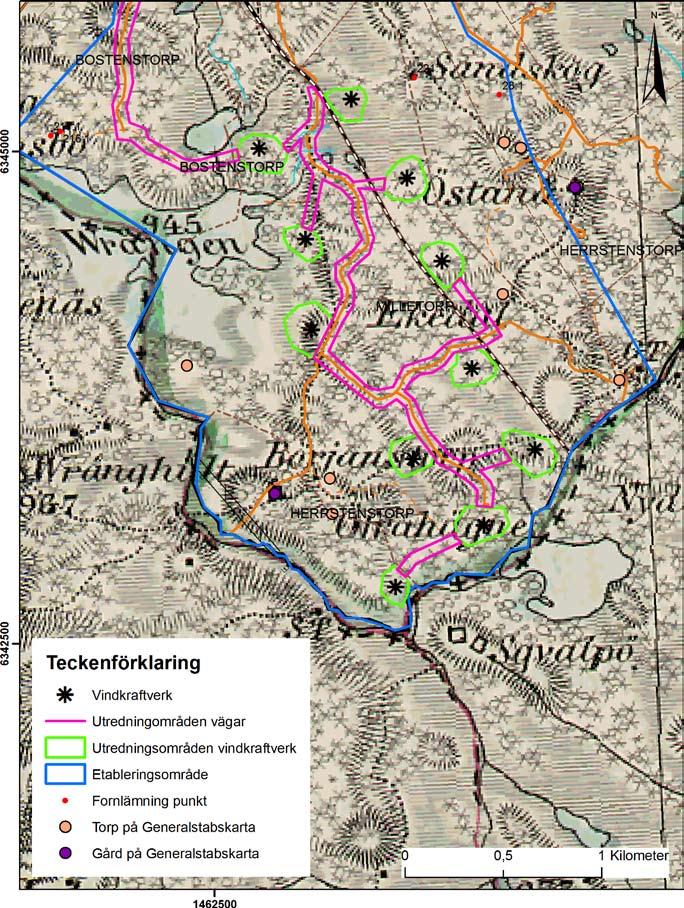 ARKEOLOGISK RAPPORT 2009:53 9 figur 3. Detalj av Generalstabskarta från 1874. Mindre gårdar och torp som var i bruk vid denna tid är markerade.
