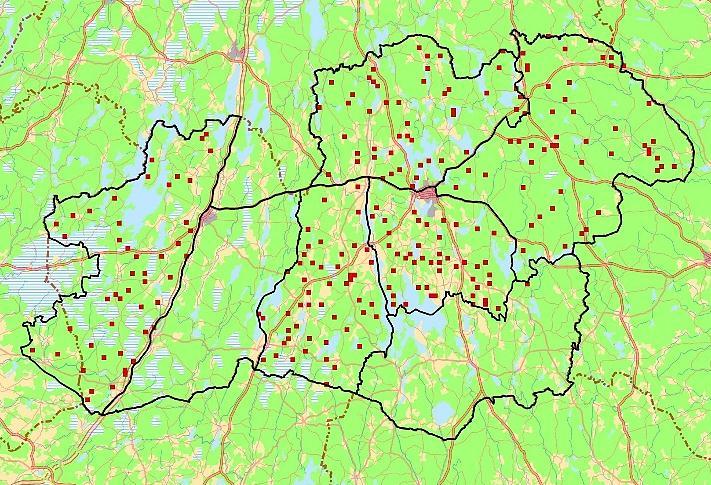 Älgbetesinventering (ÄBIN) 2015 HÄR SKA KARTA IN SOM BESKÄRS TILL LÄMPLIG STORLEK. Kartan visar ÄFO i länet samt det slumpmässiga stickprov av kilometerrutor där inventering i ungskog har skett.