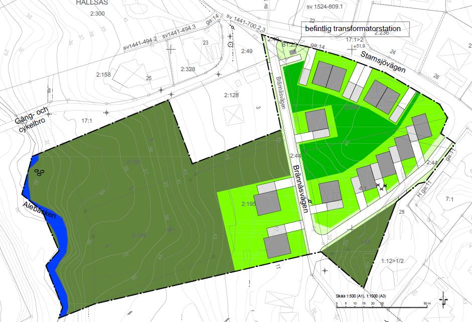 Figur 11 Planerad bebyggelse och vägstruktur i planområdet för Hallsås 4:1 (Antagandehandling från oktober 2016, förslaget kommer att revideras). Körbanan kommer enligt uppgift bli cirka 5 meter bred.