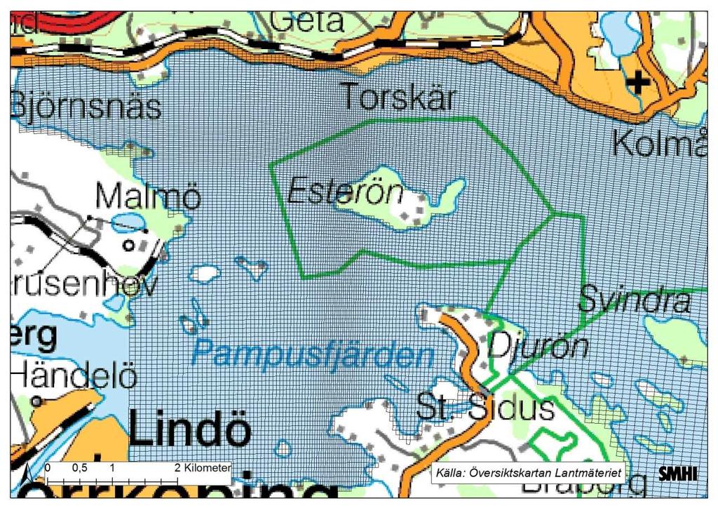 Figur 3. Här ser vi det högupplösta nätet kring Esterön. De finaste maskorna är ca 20x20 m. 4 Studier av rapporter, tillståndsansökan m.m. 4.1 Ökat bottendjup från 2011 till 2016 Van Oord mätte djupet efter avslutad tippning 2011 (Van Oord 2011).