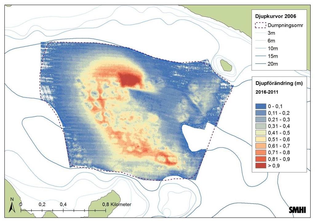 Figur 5. Djupskillnad före och efter senaste tippning, 2006 till 2011, nordöstra området. Negativa värden = minskat vattendjup. Tippat mudder har byggt upp botten med över 4 meter.