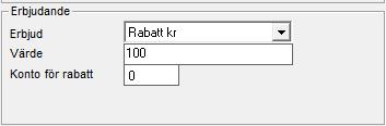 Rabatt i kronor Klicka på pilen på raden Erbjud för att välja erbjudande ur tabellen. Om kampanjens erbjudande är Rabatt i kr anges rabatten i kronor i fältet Värde. Rabatten anges inklusive moms.