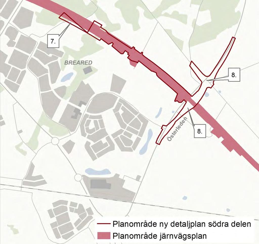 Figur 9 Område 7 och 8 5.7 Område 7 Del av ett område som är planlagt. Förutsättningar Tunneln påverkar en del av ett området som idag är planlagt.