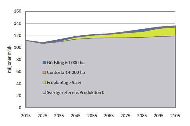 Figur 2. Beräknad tillväxtökning enligt Rosvall & Lundström, 2010. Förädlade träd har förutom ökad tillväxt även förbättrad vitalitet och överlevnad.