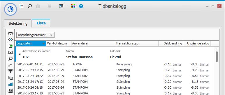 tidssaldon, t.ex. vid utbetalning av sparad komptid. Kolumnen Verkligt datum i listan talar om vilken dag som korrigerades, medan kolumnen Loggdatum talar om när korrigeringen utfördes.